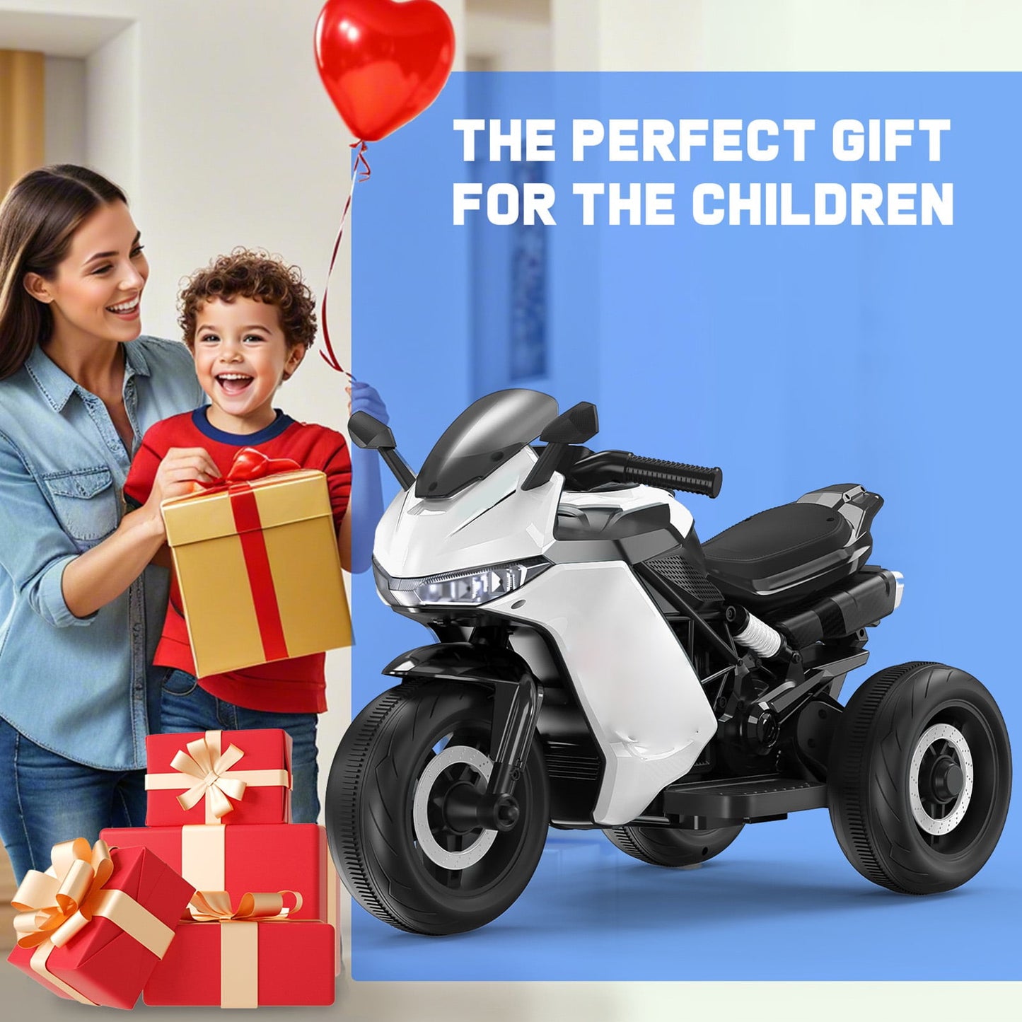 KALNUR 12V Motorcycle for Kids, Electric Motorcycle with 3 Wheels&Music ,Ride on Toys for Boy Girl