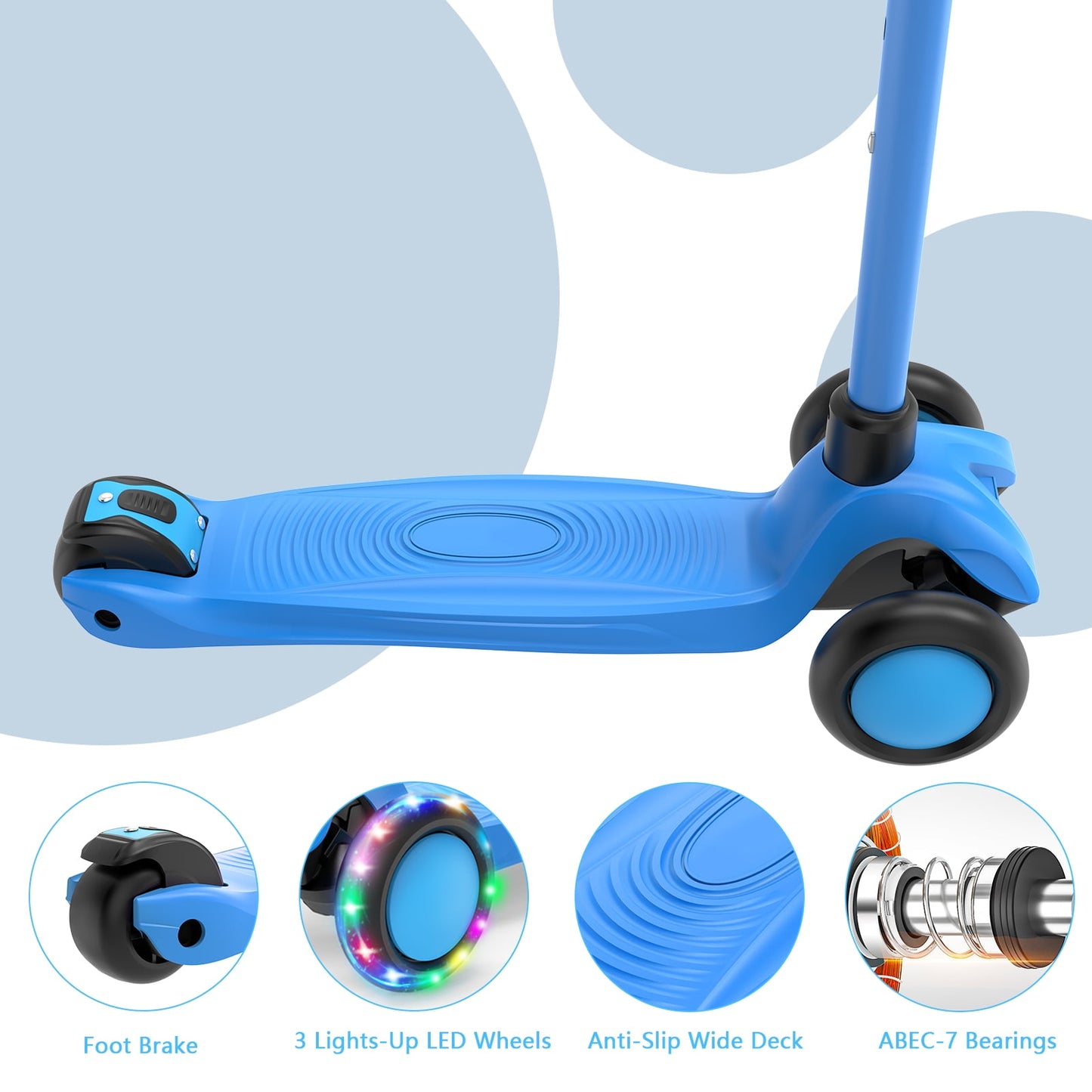 SPPTTY Kick Scooter with 3 LED Lighted Wheels and 3 Adjustable Height Handlebars ,Folding Kids Scooter with Lean-to-Steer & Widen Anti-Slip Deck for Boys/Girls Ages 2-12