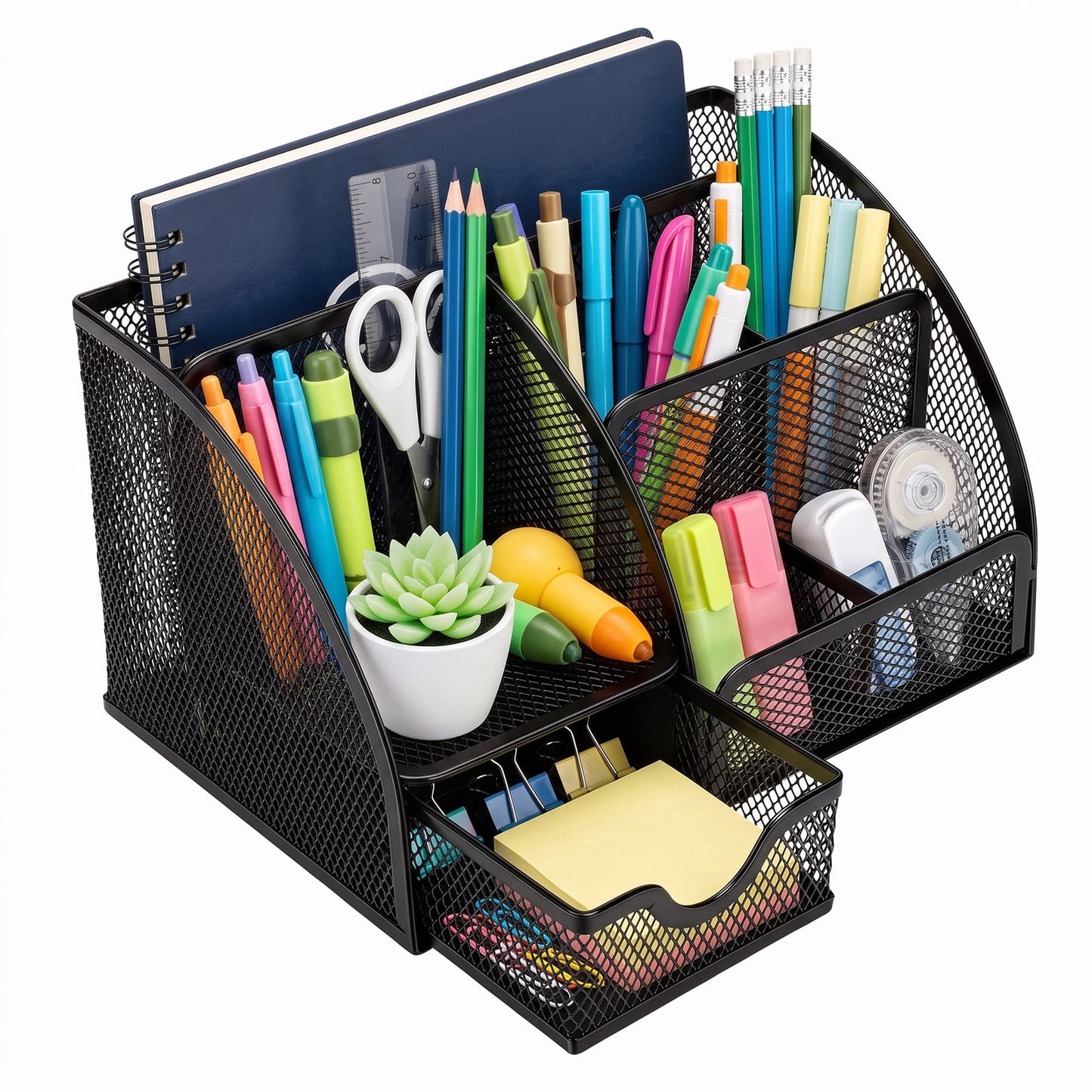 FAGNEY 7 Compartment Desk Organizer Metal Mesh Pen Holder File Accessories Storage for Home Office