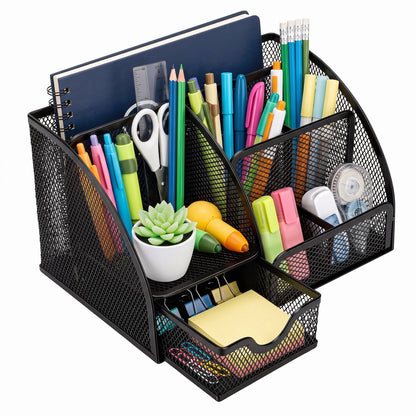FAGNEY 7 Compartment Desk Organizer Metal Mesh Pen Holder File Accessories Storage for Home Office