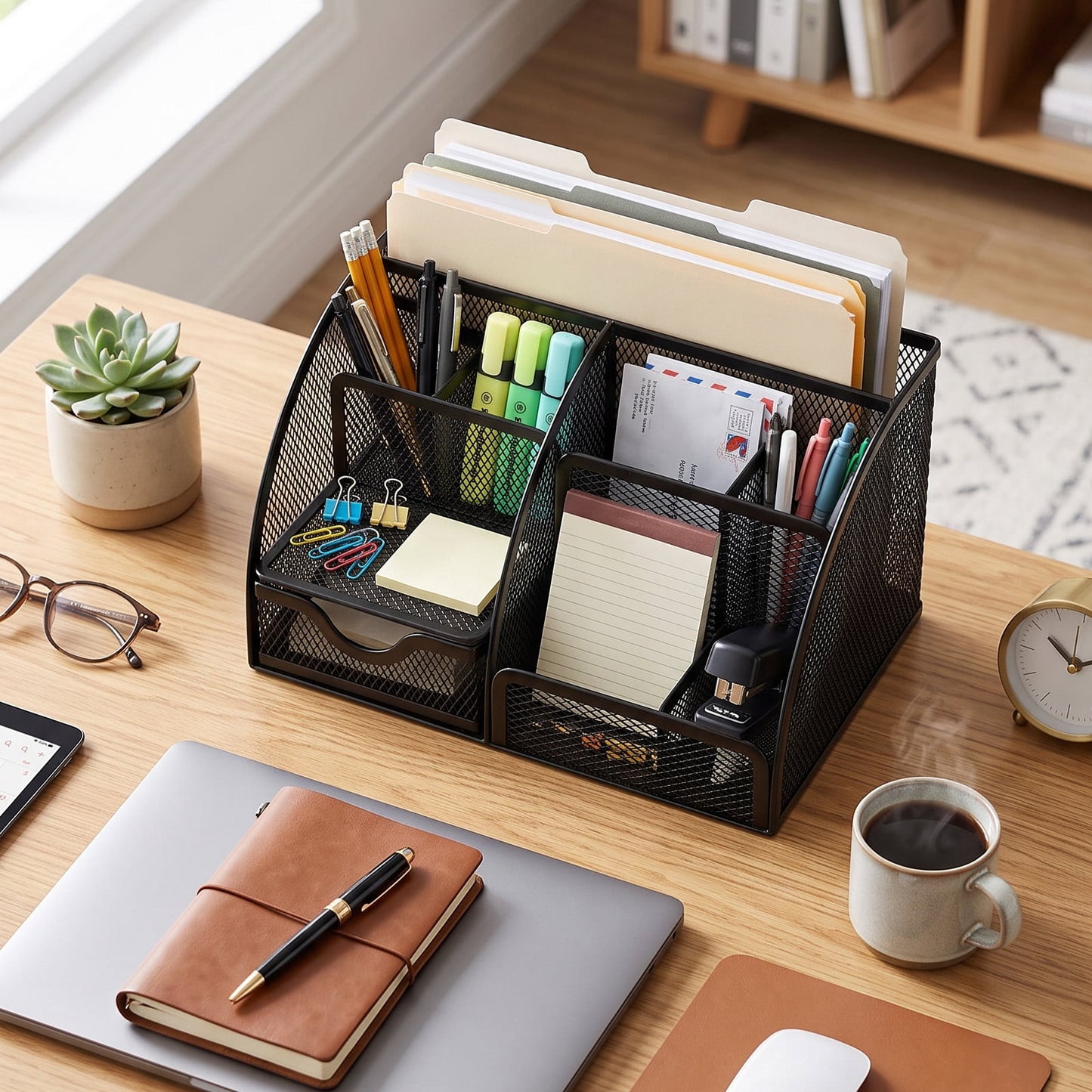 FAGNEY 7 Compartment Desk Organizer Metal Mesh Pen Holder File Accessories Storage for Home Office