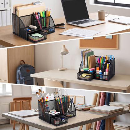 FAGNEY 7 Compartment Desk Organizer Metal Mesh Pen Holder File Accessories Storage for Home Office