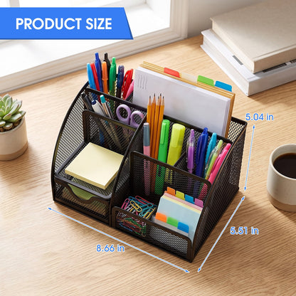 FAGNEY 7 Compartment Desk Organizer Metal Mesh Pen Holder File Accessories Storage for Home Office