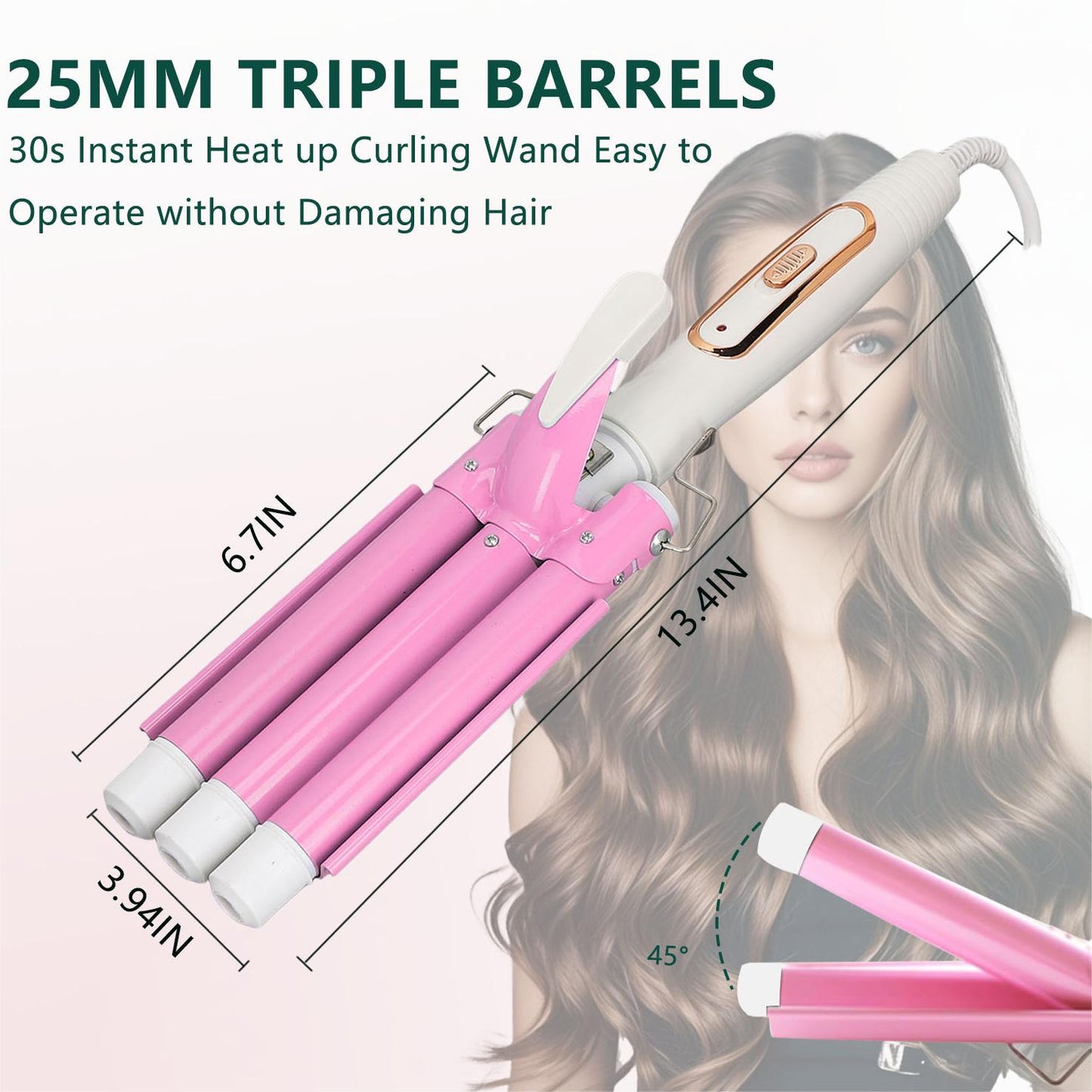 3 Barrel Hair Waver, 1 inch Ceramic Tourmaline Triple Barrels Hair Curling Iron, 5 Adjustable Temperature Hair Crimper, Hair Waving Styling Tools for Women & Girls, Christmas Mother's Day Gift(Pink)