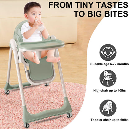 4-in-1 Baby High Chair, Convertible High Chair for Babies and Toddlers, Portable Dining Chairs with Five-Point Harness, Foldable High Chair with Adjustable Seat, Adjustable Tray, Universal Wheels