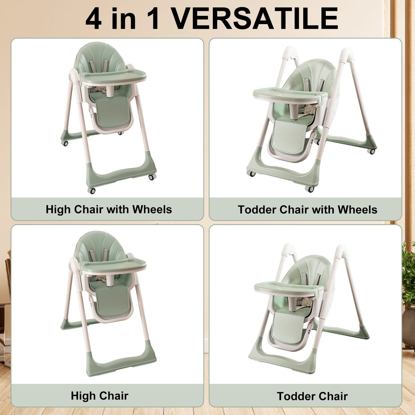 4-in-1 Baby High Chair, Convertible High Chair for Babies and Toddlers, Portable Dining Chairs with Five-Point Harness, Foldable High Chair with Adjustable Seat, Adjustable Tray, Universal Wheels