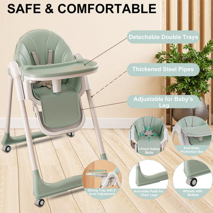 4-in-1 Baby High Chair, Convertible High Chair for Babies and Toddlers, Portable Dining Chairs with Five-Point Harness, Foldable High Chair with Adjustable Seat, Adjustable Tray, Universal Wheels