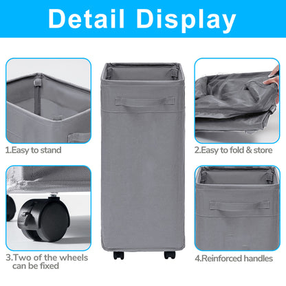 23" Rolling Foldable Slim Laundry Basket with Lid Breathable Mesh Cover, Laundry Hamper on Wheels Tall Thin Dirty Cotton Corner Bin for Home,Gray