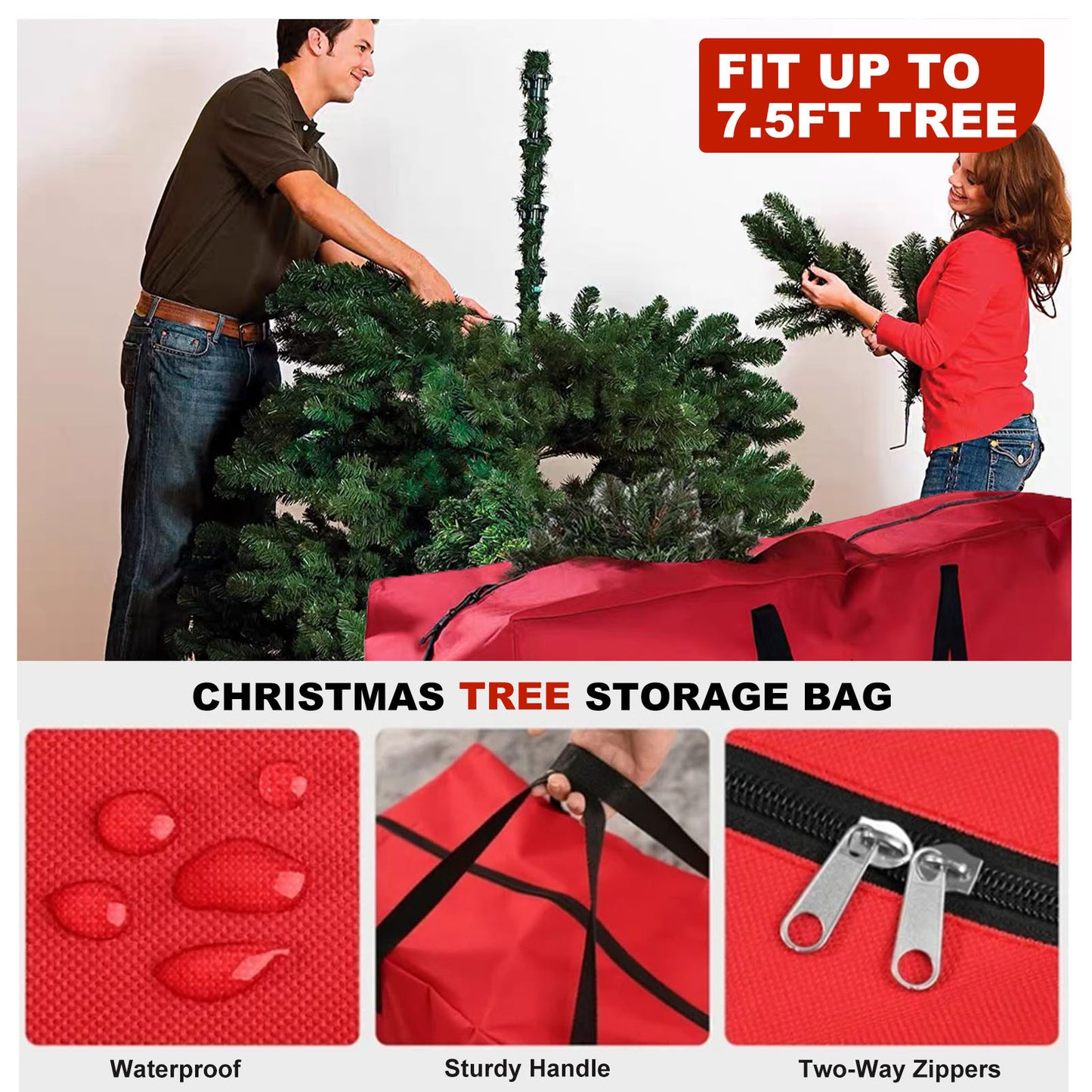 3 Pack Christmas Tree Storage Bag for 7.5 Ft Artificial Trees Up, Waterproof with Reinforced Carrying Handles, Xmas Holiday Garland Bag Storage Case (Red)