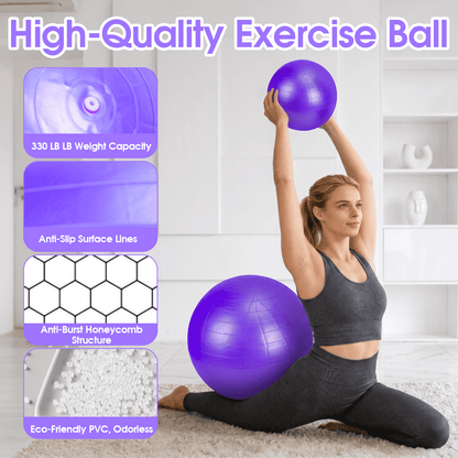 FAGINEY Non-Slip Exercise Ball Set Extra Thick Yoga Ball with Pilates Ball for Home Gym Office, Purple