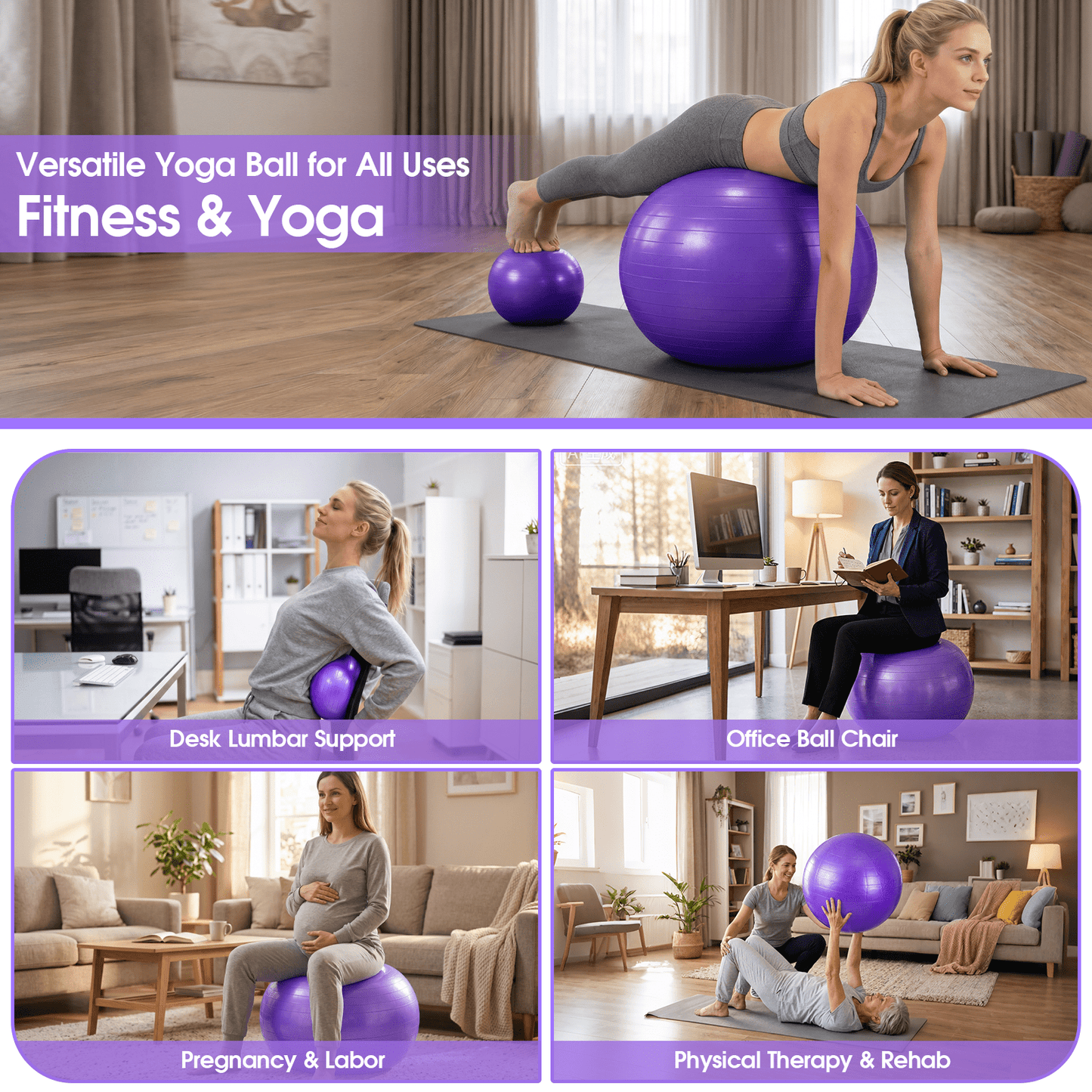 FAGINEY Non-Slip Exercise Ball Set Extra Thick Yoga Ball with Pilates Ball for Home Gym Office, Purple