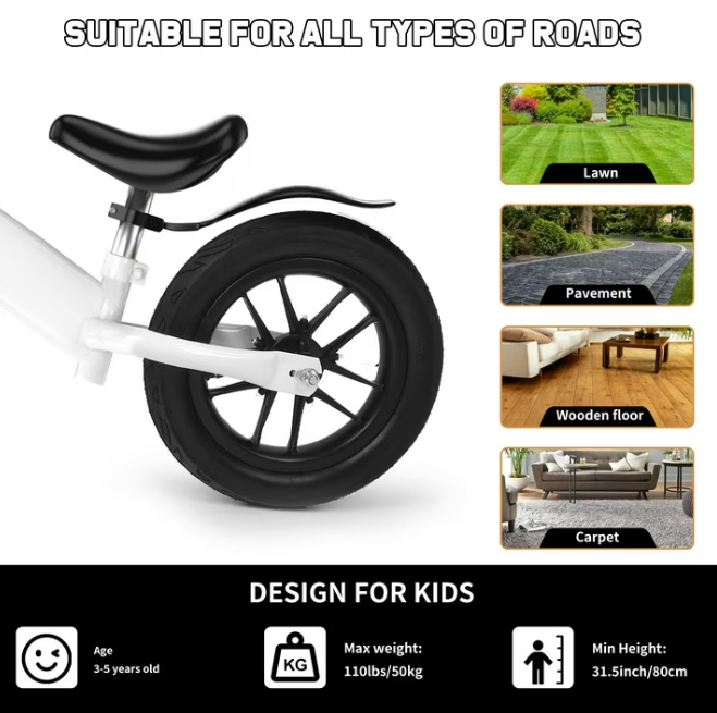 Kids 12'' Balance Bike Ride with Lighting up Wheels No Pedal Bike for Toddlers Age 2-5