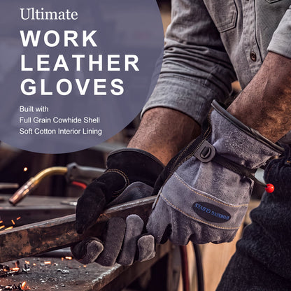 FAGINEY Leather Work Gloves for Men Women Cowhide Cotton Lined for Gardening Welding Construction Chainsaw Farm Work