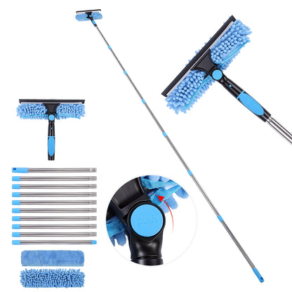 FAGNEY High Window Squeegee Kit 2 in 1 Long Handle Glass Window Cleaner Tool with Extension Pole for High Windows, Blue