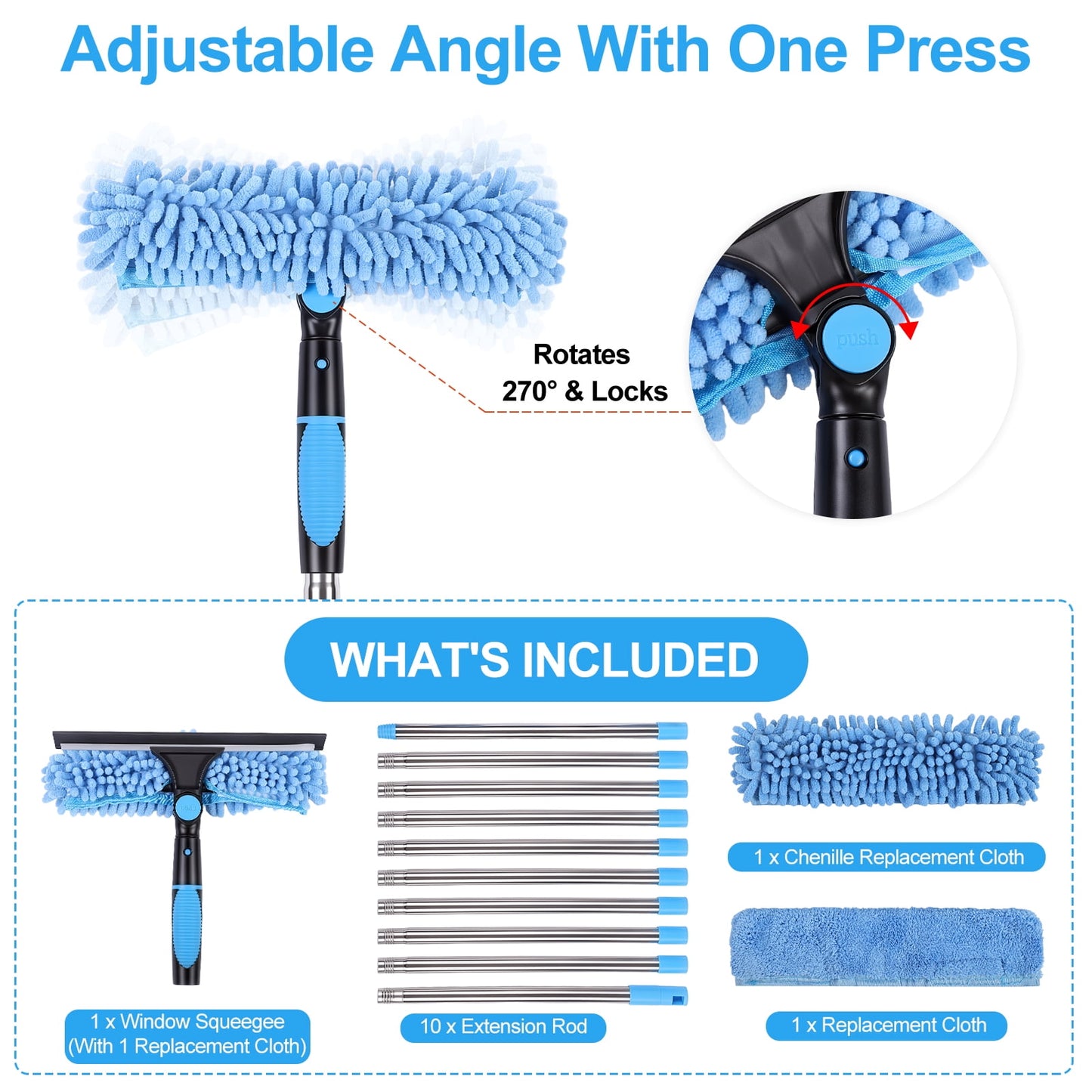 FAGNEY High Window Squeegee Kit 2 in 1 Long Handle Glass Window Cleaner Tool with Extension Pole for High Windows, Blue