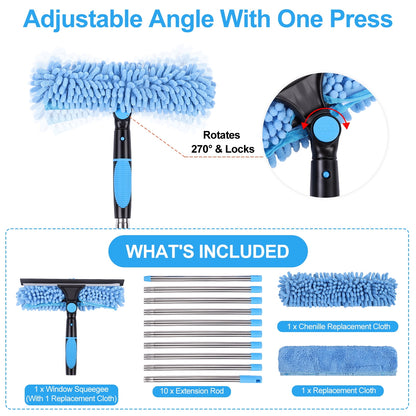 FAGNEY High Window Squeegee Kit 2 in 1 Long Handle Glass Window Cleaner Tool with Extension Pole for High Windows, Blue