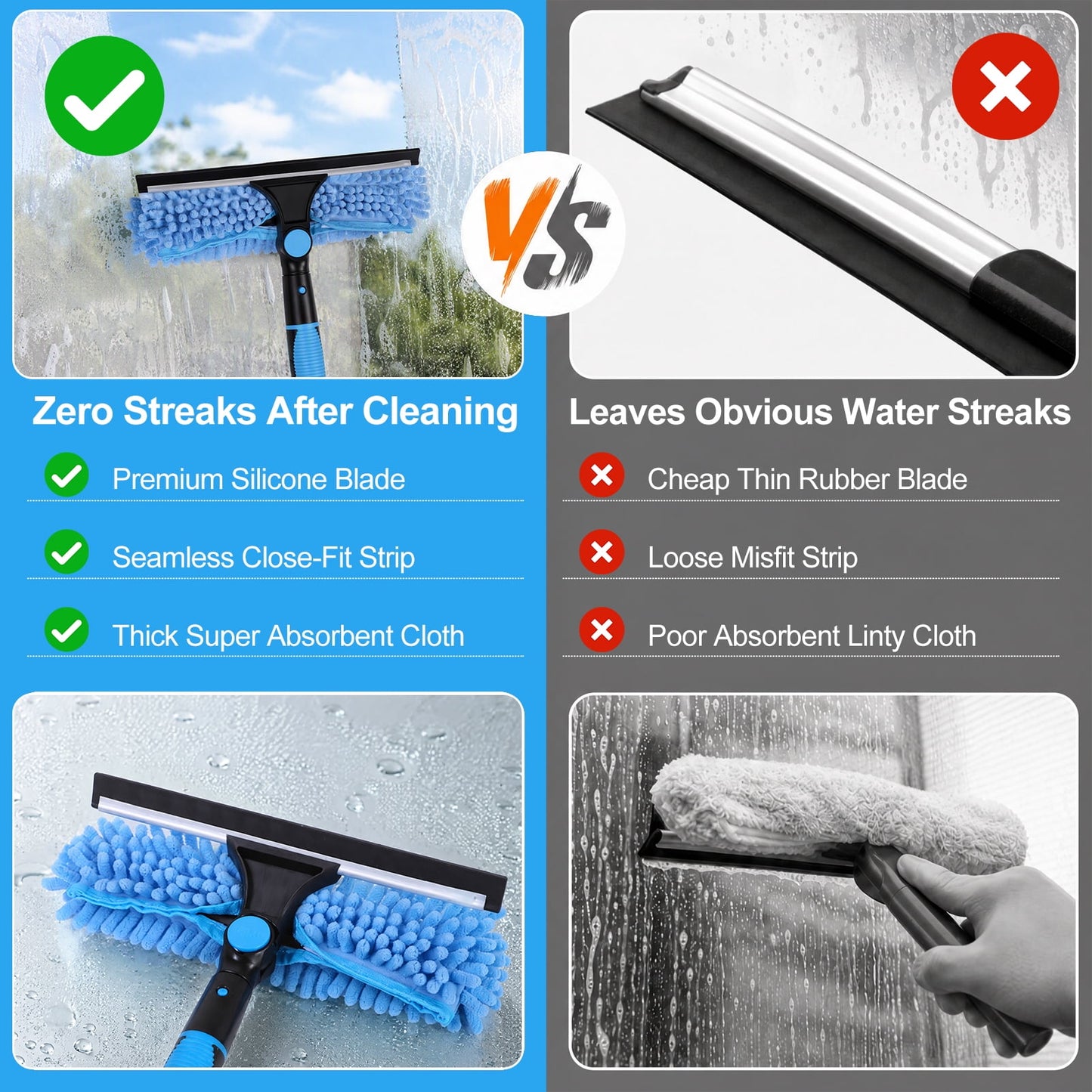 FAGNEY High Window Squeegee Kit 2 in 1 Long Handle Glass Window Cleaner Tool with Extension Pole for High Windows, Blue
