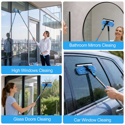 FAGNEY High Window Squeegee Kit 2 in 1 Long Handle Glass Window Cleaner Tool with Extension Pole for High Windows, Blue